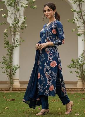women blue cotton blend floral printed straight kurta trouser with dupatta 3