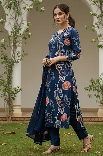 women blue cotton blend floral printed straight kurta trouser with dupatta