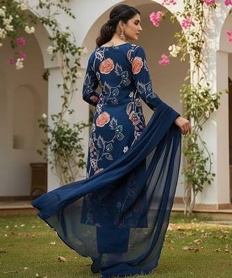 women blue cotton blend floral printed straight kurta trouser with dupatta 4