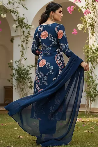 women blue cotton blend floral printed straight kurta trouser with dupatta