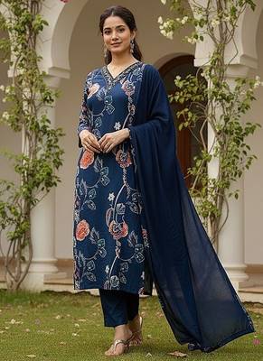 women blue cotton blend floral printed straight kurta trouser with dupatta 5