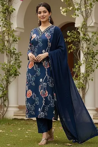 women blue cotton blend floral printed straight kurta trouser with dupatta