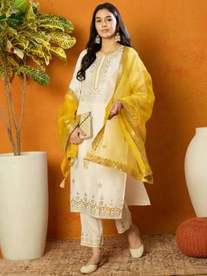 women white silk blend solid embroidered straight kurta trouser with dupatta 1