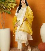 women white silk blend solid embroidered straight kurta trouser with dupatta