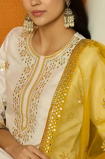 women white silk blend solid embroidered straight kurta trouser with dupatta