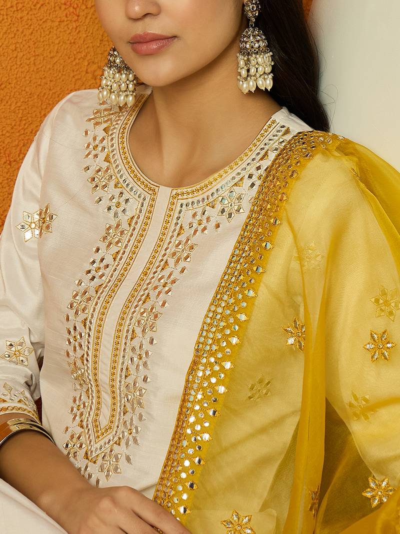 women white silk blend solid embroidered straight kurta trouser with dupatta