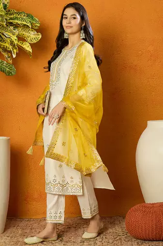 women white silk blend solid embroidered straight kurta trouser with dupatta