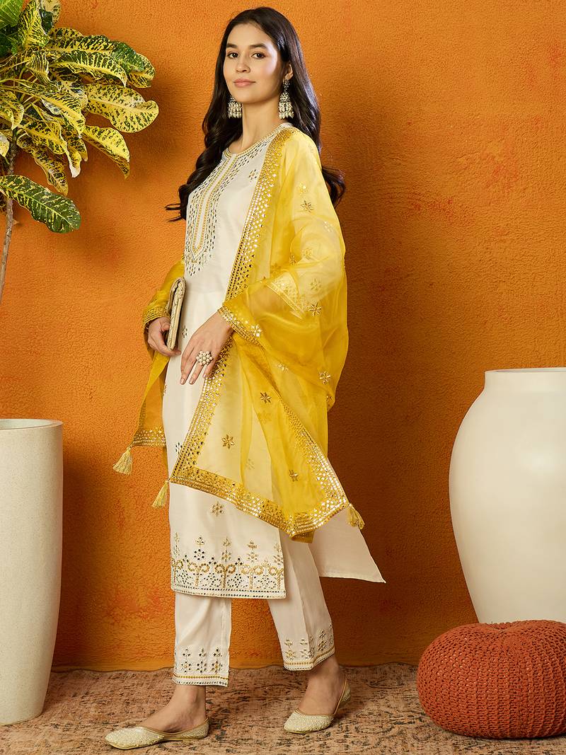 women white silk blend solid embroidered straight kurta trouser with dupatta