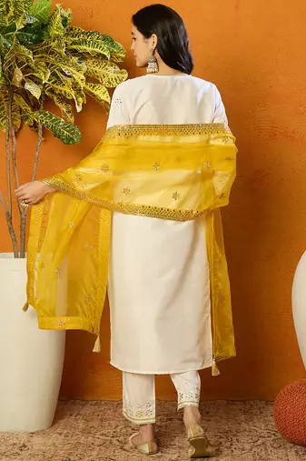 women white silk blend solid embroidered straight kurta trouser with dupatta