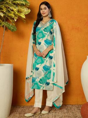 women white rayon blend floral printed straight kurta trouser with dupatta 1