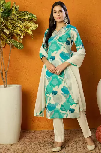 women white rayon blend floral printed straight kurta trouser with dupatta