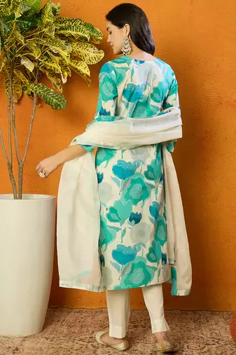 women white rayon blend floral printed straight kurta trouser with dupatta