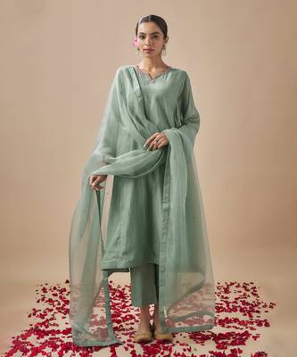 Teal chanderi silk embroidery pitta kurta set 1