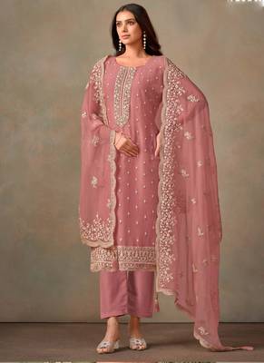 Peach organza embroidery work designer salwar suit 1