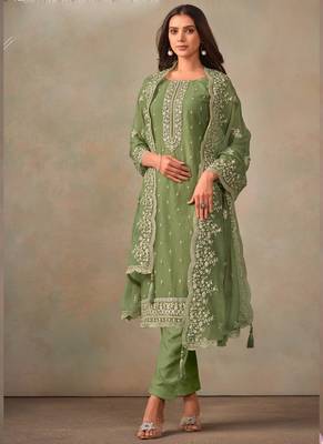 Light green organza embroidery work designer salwar suit 1