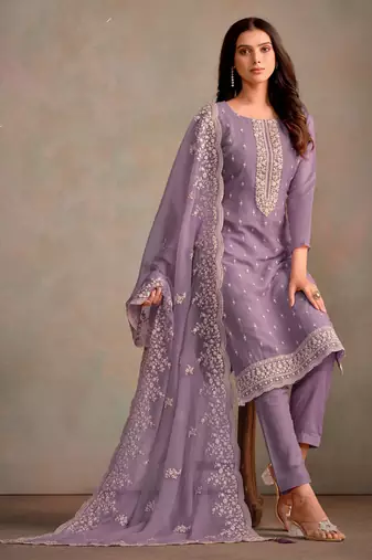 Lavender organza embroidery work designer salwar suit