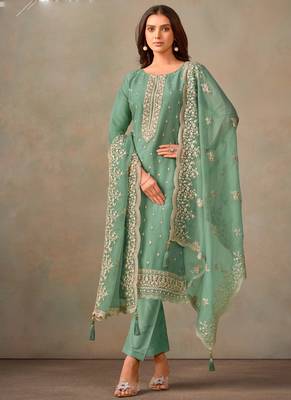 Bottel green organza embroidery work designer salwar suit 1