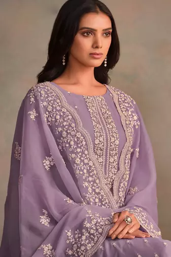 Lavender organza embroidery work designer salwar suit