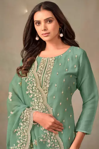 Bottel green organza embroidery work designer salwar suit