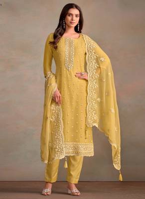 Yellow organza embroidery work designer salwar suit 1