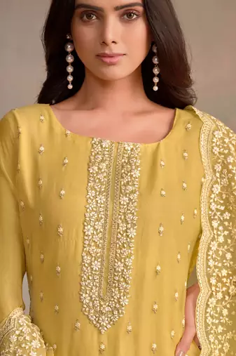 Yellow organza embroidery work designer salwar suit