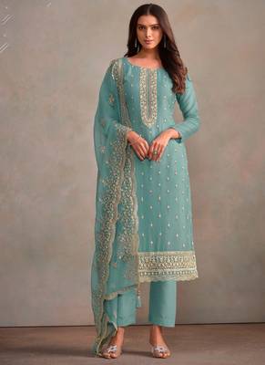 Sky blue organza embroidery work designer salwar suit 1