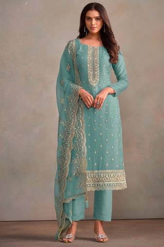 Sky blue organza embroidery work designer salwar suit