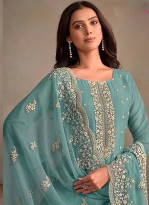 Sky blue organza embroidery work designer salwar suit 2
