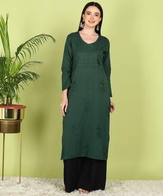VAHSON Hand Embroidered green Cotton Angrakha Lucknow Chikankari Kurta 1