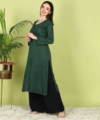 VAHSON Hand Embroidered green Cotton Angrakha Lucknow Chikankari Kurta 2