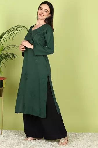 VAHSON Hand Embroidered green Cotton Angrakha Lucknow Chikankari Kurta