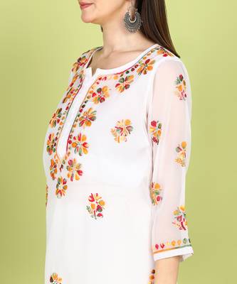 Vahson Hand Embroidered White Georgette Lucknowi Chikankari Straight Kurta without Inner 2