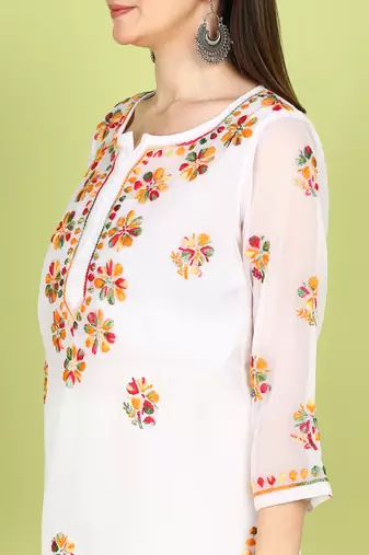 Vahson Hand Embroidered White Georgette Lucknowi Chikankari Straight Kurta without Inner