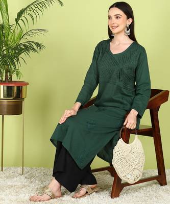 VAHSON Hand Embroidered green Cotton Angrakha Lucknow Chikankari Kurta 3
