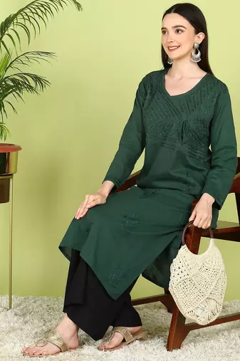 VAHSON Hand Embroidered green Cotton Angrakha Lucknow Chikankari Kurta