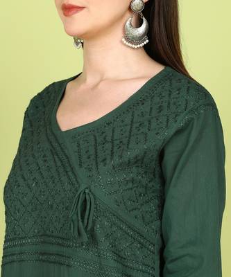 VAHSON Hand Embroidered green Cotton Angrakha Lucknow Chikankari Kurta 5