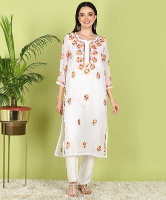 Vahson Hand Embroidered White Georgette Lucknowi Chikankari Straight Kurta without Inner 1