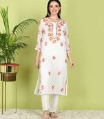 Vahson Hand Embroidered White Georgette Lucknowi Chikankari Straight Kurta without Inner