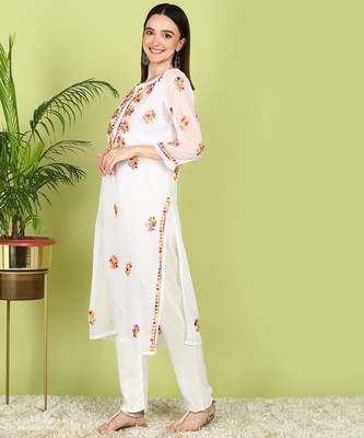 Vahson Hand Embroidered White Georgette Lucknowi Chikankari Straight Kurta without Inner 3