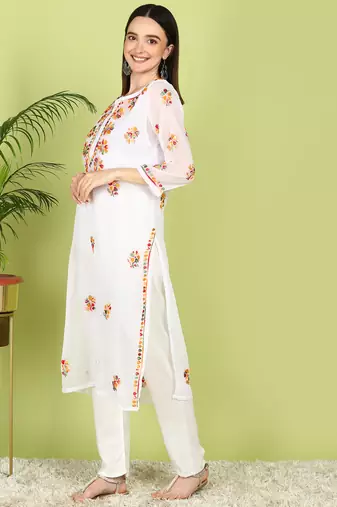 Vahson Hand Embroidered White Georgette Lucknowi Chikankari Straight Kurta without Inner
