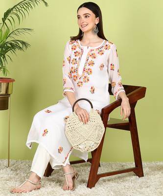 Vahson Hand Embroidered White Georgette Lucknowi Chikankari Straight Kurta without Inner 4