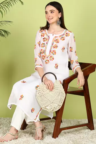 Vahson Hand Embroidered White Georgette Lucknowi Chikankari Straight Kurta without Inner