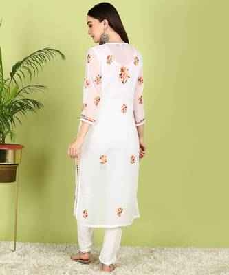 Vahson Hand Embroidered White Georgette Lucknowi Chikankari Straight Kurta without Inner 5