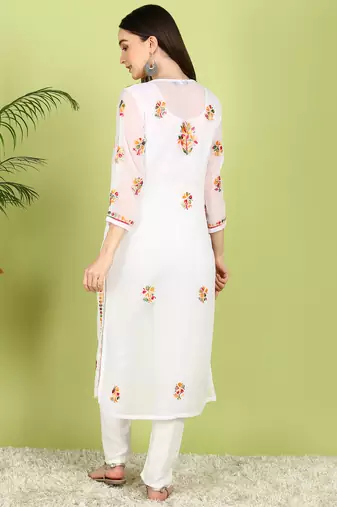 Vahson Hand Embroidered White Georgette Lucknowi Chikankari Straight Kurta without Inner