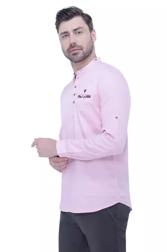 men's tailored fit baby pink cotton short kurta