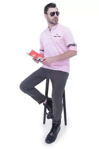 men's tailored fit baby pink cotton short kurta