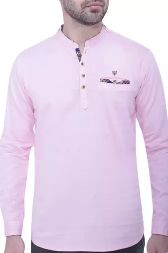 men's tailored fit baby pink cotton short kurta