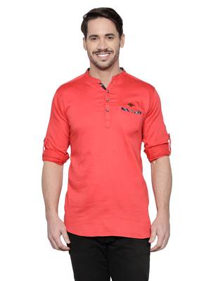 men's tailored fit salmon pink cotton short kurta 1