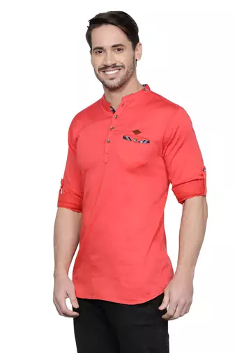 men's tailored fit salmon pink cotton short kurta