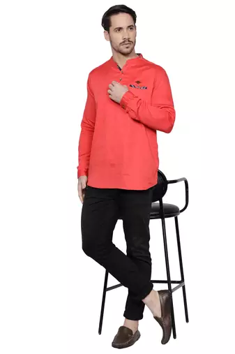 men's tailored fit salmon pink cotton short kurta